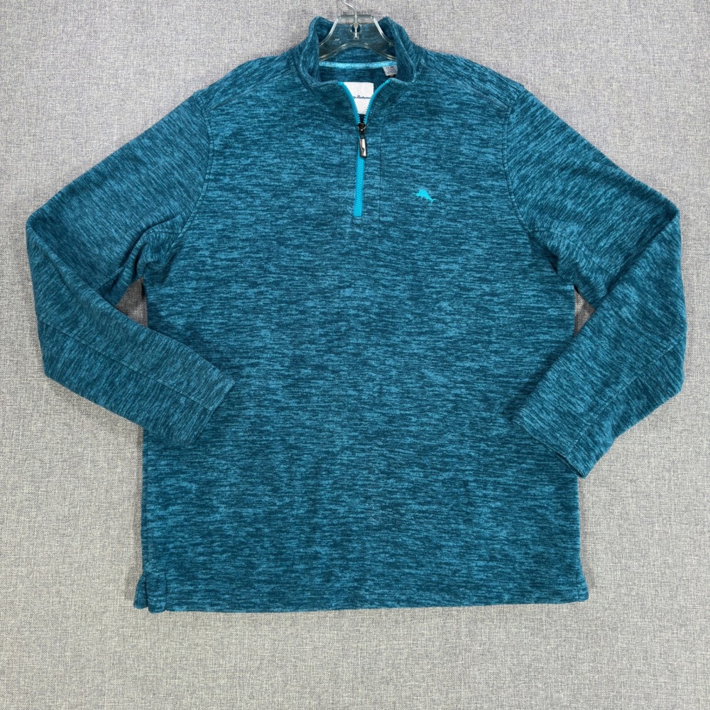 Tommy Bahama Pullover Quarter Zip Mens XXL Teal Blue Space Dye Marlin Knit